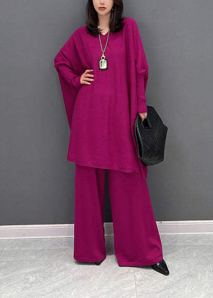 Rose V Neck Knit Top and Wide Leg Pants Two Pieces Set Fall