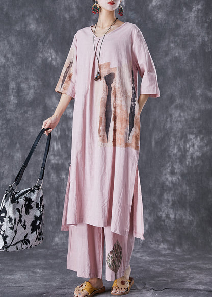 Italian Pink Oversized Print Linen Dress and Pants Sets 2 Pieces Summer