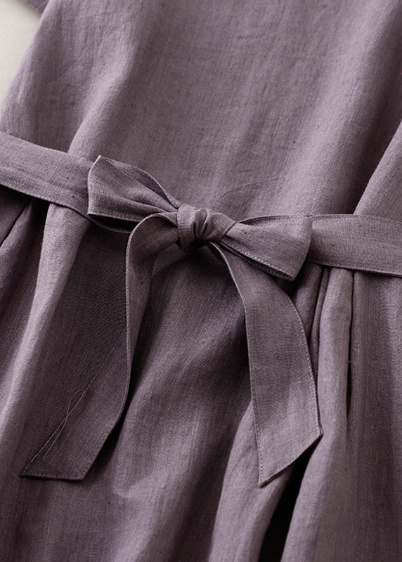 Purple O Neck Tie Waist Pockets Linen Long Dress Summer