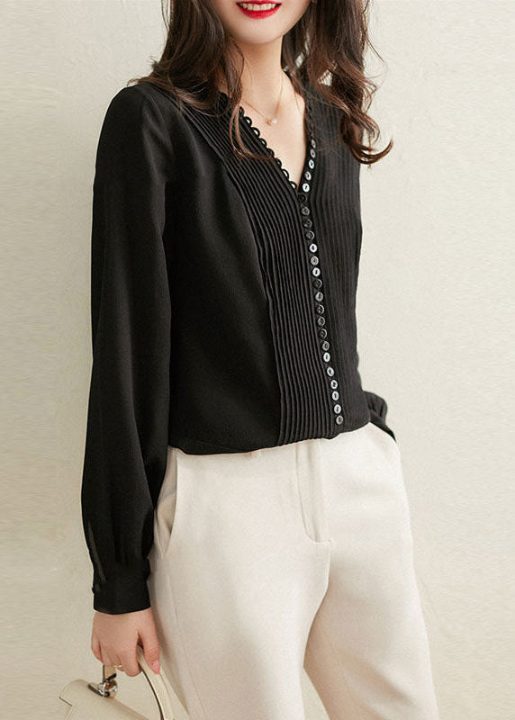 Black V Neck Wrinkled Button Silk Shirts Long Sleeve