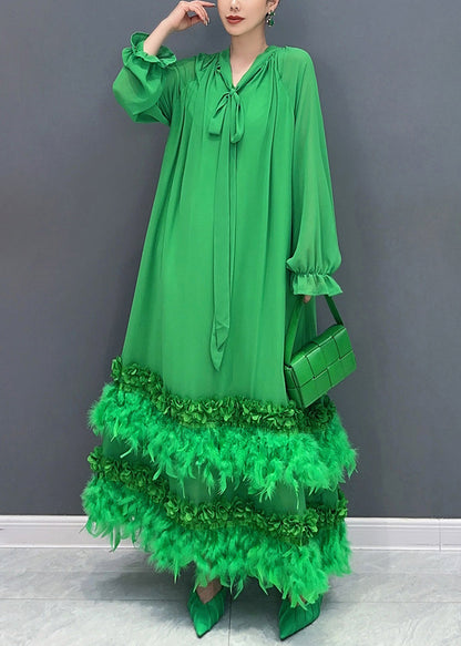 Green Bow Patchwork Tassel Chiffon Long Dresses Fall