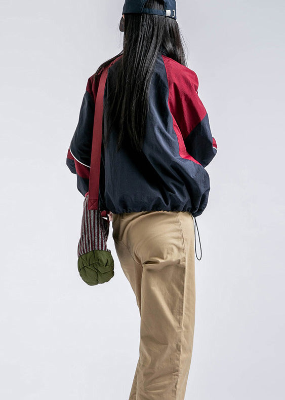 Red Zip Up Pockets Drawstring Patchwork Coat Fall