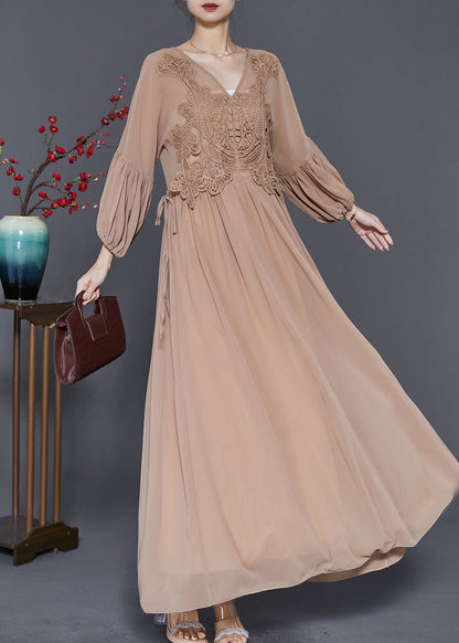 Coffee Lace Patchwork Tie Waist Chiffon Dresses Spring