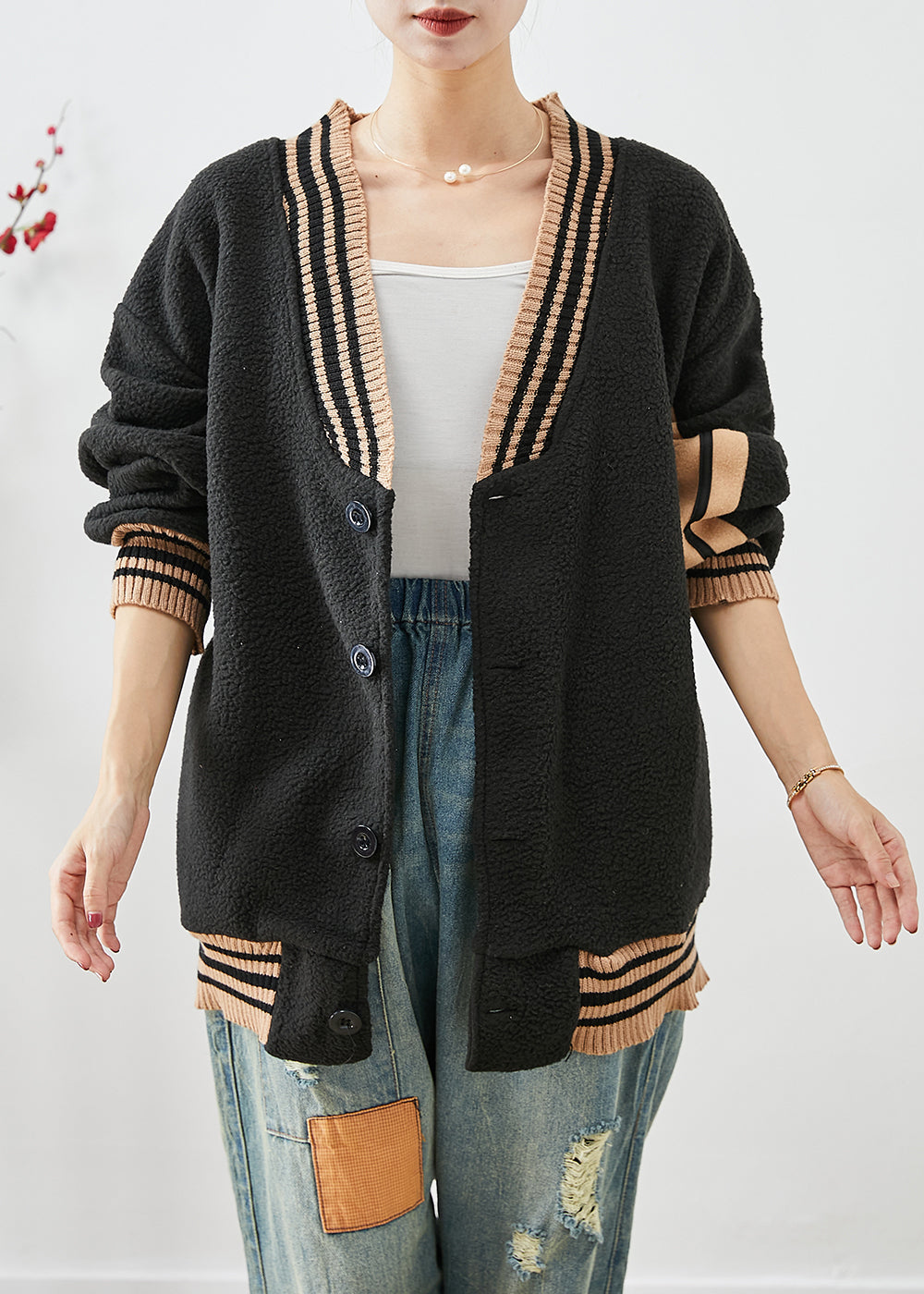 Black Oversized Patchwork Teddy Faux Fur Coats Fall
