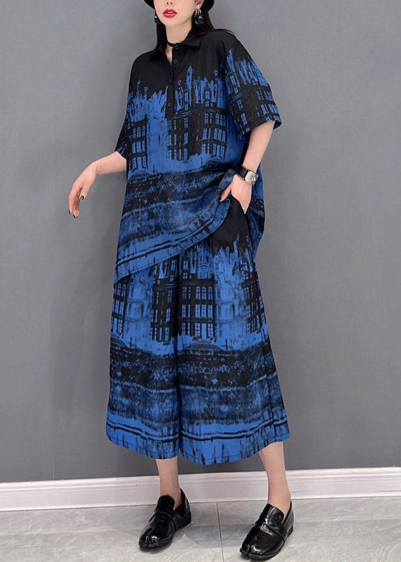 Art Blue Peter Pan Collar Top and Wide Leg Pants Two Piece Set Summer