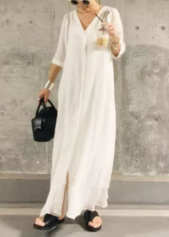 Simple White O-neck Patchwork Cotton Two Piece Set Summer
