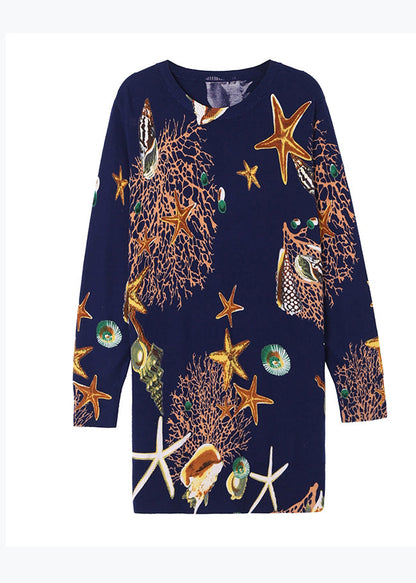 Navy O Neck Print Woolen Mid Knit Dress Spring