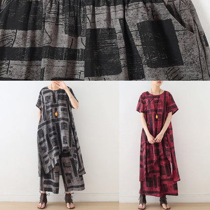 Gray Prints Chiffon Two Pieces Side Open Tops and Elastic Waist Wide Leg Pants
