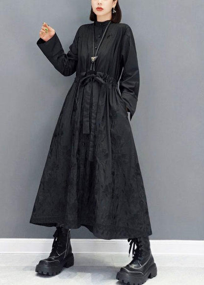 Black O-neck Button Maxi Dresses Fall Long Sleeve