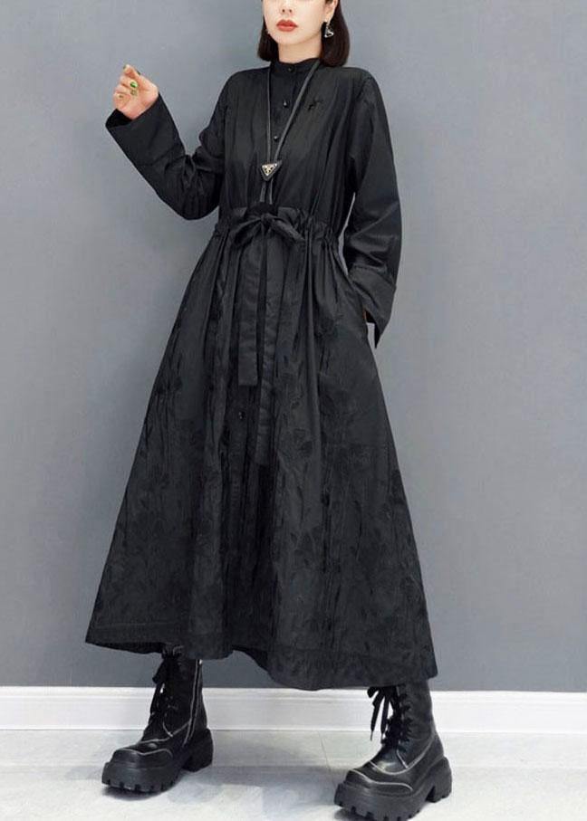 Black O-neck Button Maxi Dresses Fall Long Sleeve