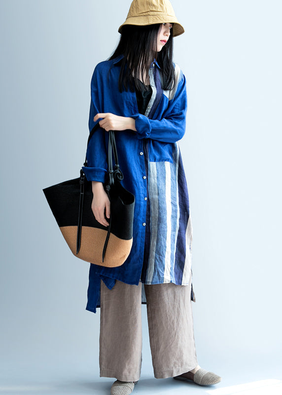 Boutique Blue Peter Pan Collar Striped Linen Long Shirts Spring