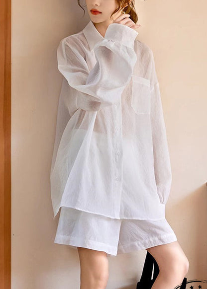Simple White Pockets Shirts and Shorts Two Piece Suit Set Long Sleeve Spring