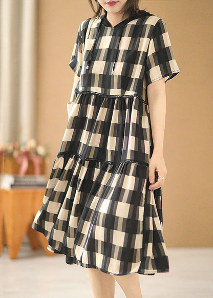 Black Beige Plaid Drawstring Hooded Patchwork Cotton Pullover Dress Short Sleeve
