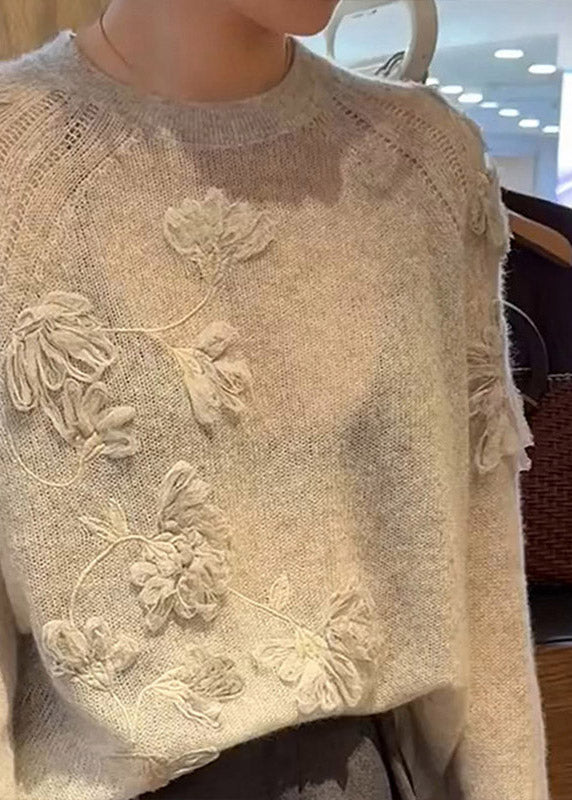 Fine Beige Embroidered Cotton Knit Sweaters Spring