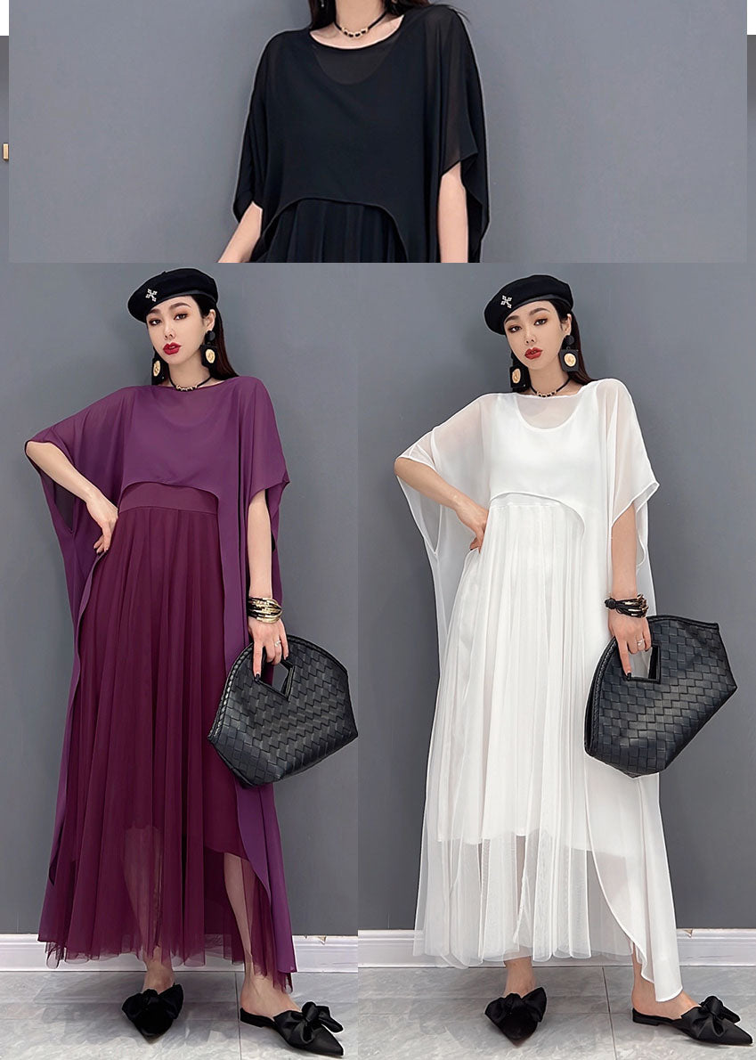 Black Patchwork Tulle Chiffon Two-piece Set Asymmetrical Summer