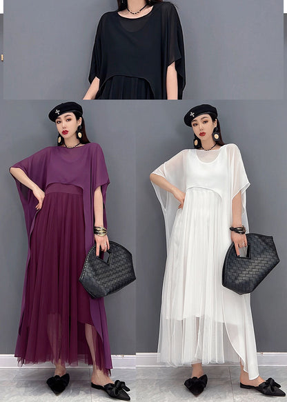 Black Patchwork Tulle Chiffon Two-piece Set Asymmetrical Summer