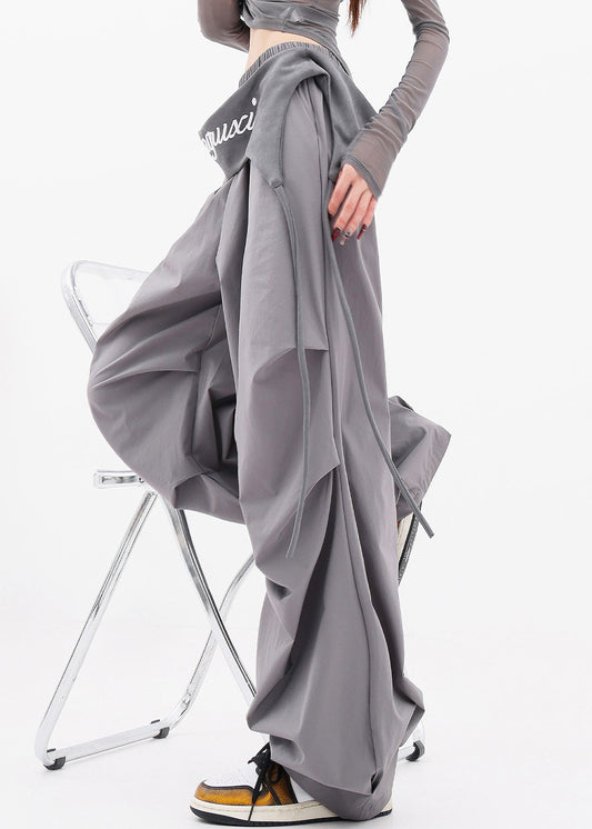 Grey Pockets Wrinkled Cotton Wide Leg Pants Fall
