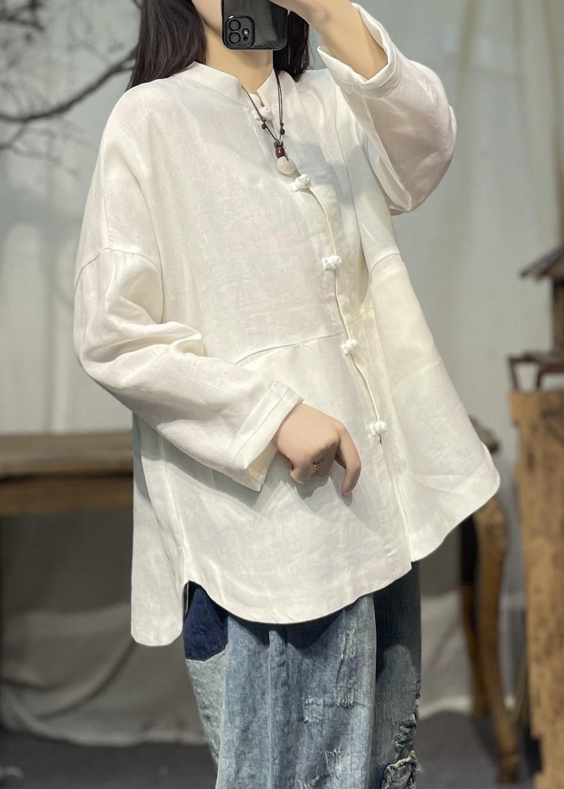 White Stand Collar Pockets Patchwork Linen Shirts Spring