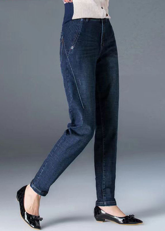 Fitted Navy High Waist Pockets Color Cotton Denim Pants Fall