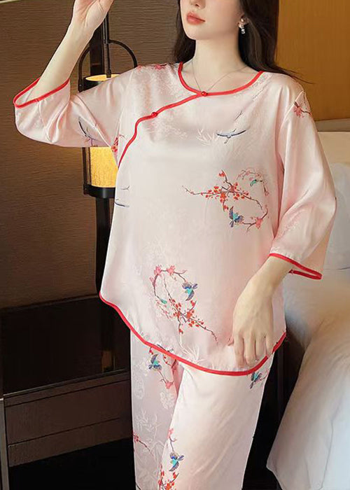 Pink O Neck Print Ice Silk Pajamas Two Pieces Set Half Sleeve