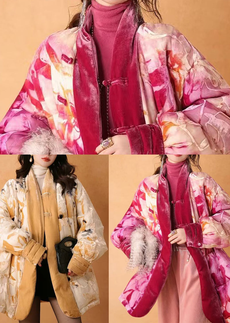Yellow Print Warm Duck Down Silk Velour Jacket Winter