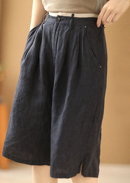 Navy Elastic Waist Pockets Linen Straight Pants Shorts Summer