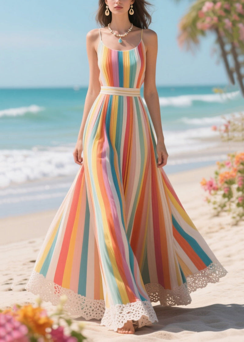 Rainbow Striped Patchwork Lace Chiffon Cami Dresses Summer