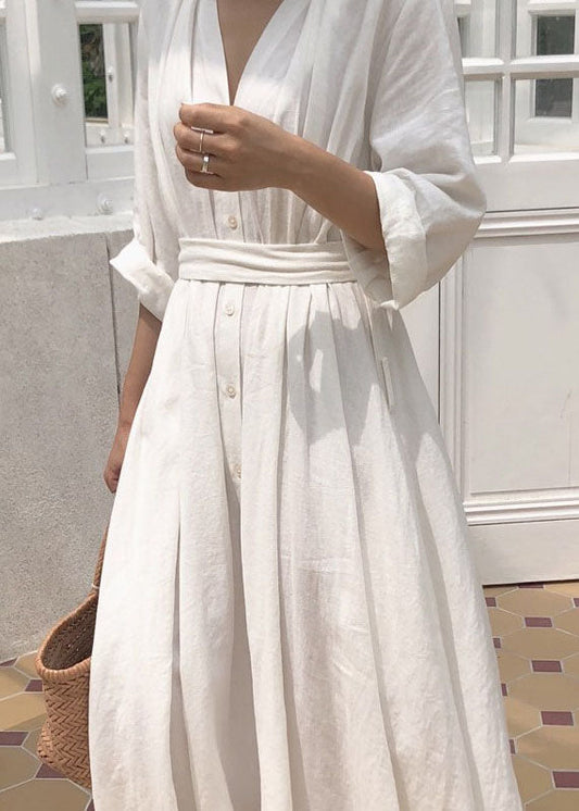 White Patchwork Cotton Dress V Neck Spring