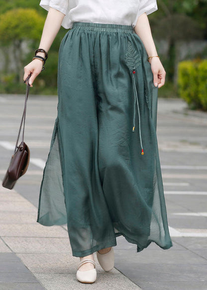 Army Green Linen Pants Side Open Drawstring Spring