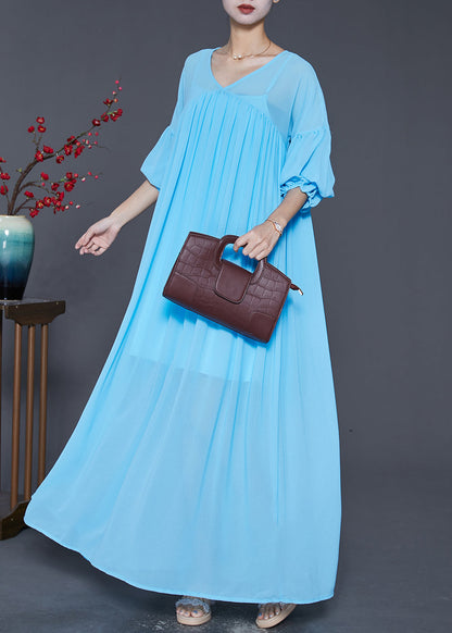 Lake Blue Oversized Wrinkled Chiffon Maxi Dress Fall