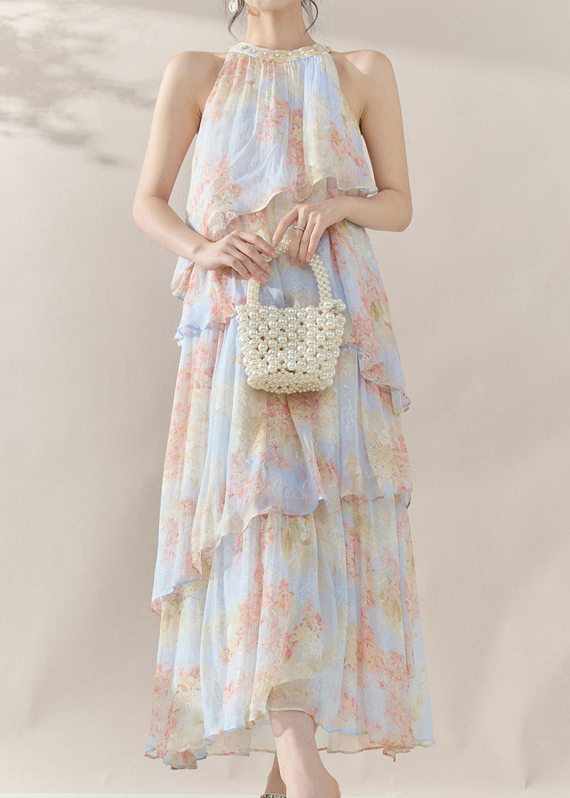 Fine Blue Halter Print Chiffon Long Dresses Summer
