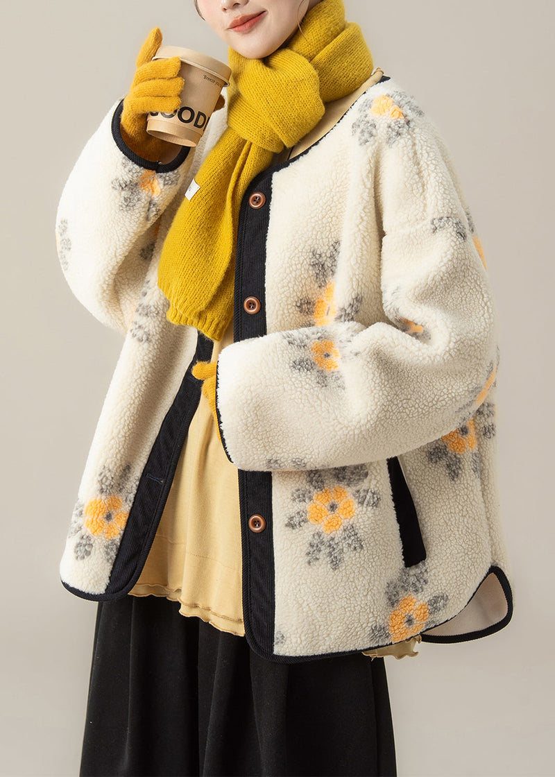 Jacquard Coffee Button Fluffy Coat and Grey Ruffled T Shirt Two Piece Set Winter