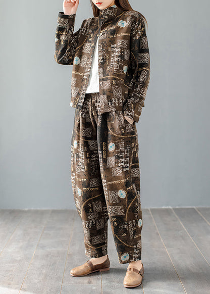 Mulberry Stand Collar Print Coats and Harem Pants Two Pieces Set Long Sleeve