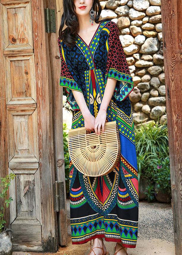 Green V Neck Print Patchwork Cotton Long Dresses Batwing Sleeve