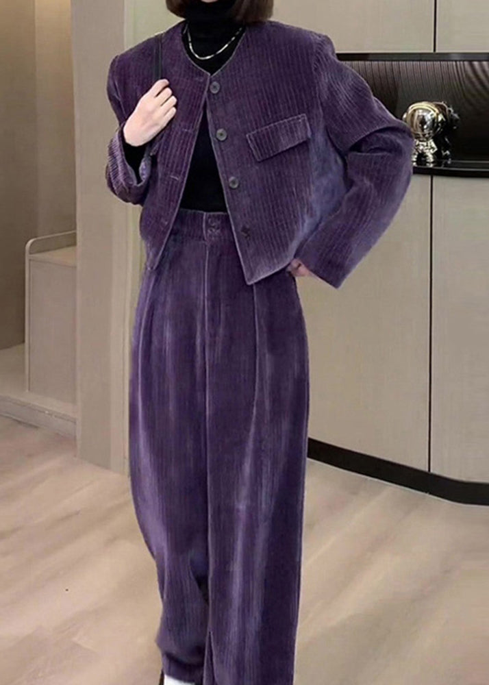 Modern Purple O-neck Button Silk Velour Coats and Wide Leg Pants Two Pieces Set Fall