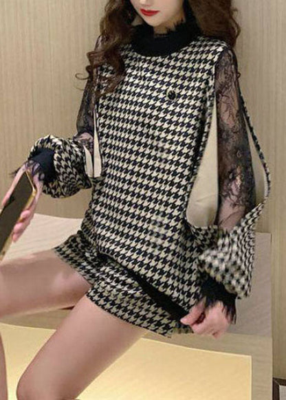 Style White Lace Patchwork Stand Collar Tops Shorts Two-piece Set Spring