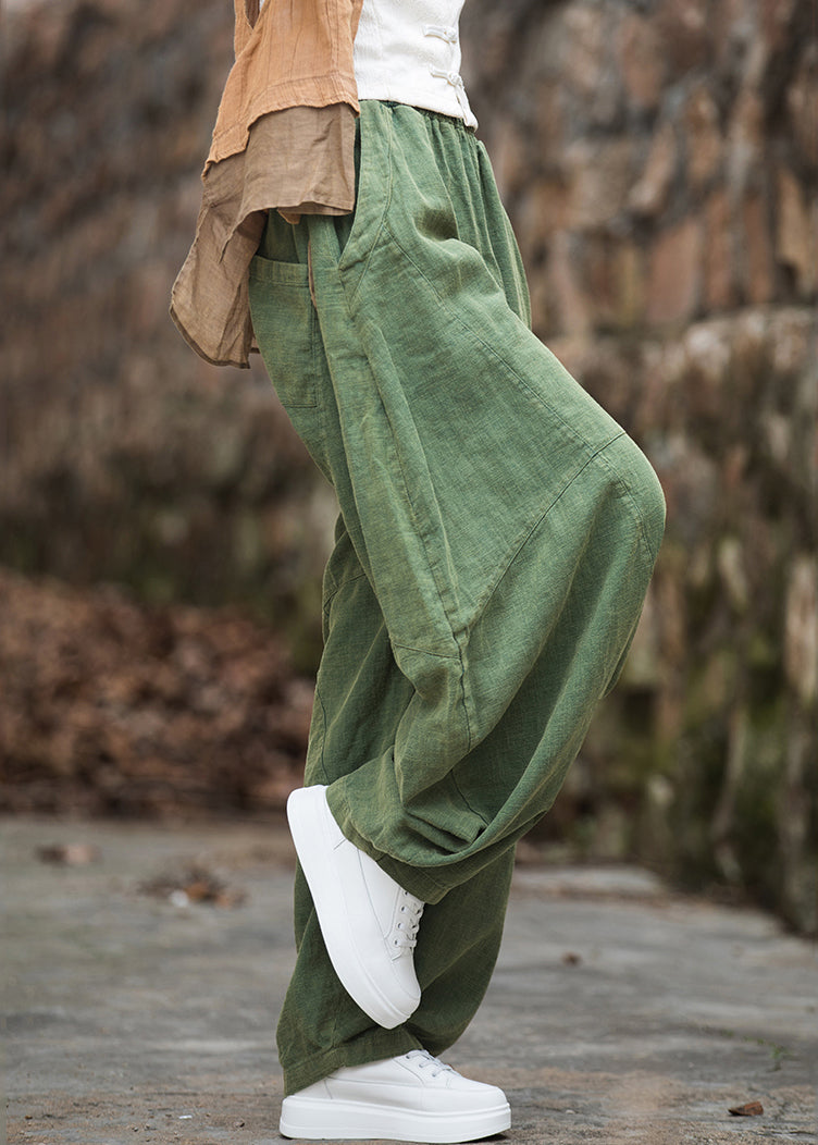 Green Pockets Elastic Waist Patchwork Linen Pants Fall