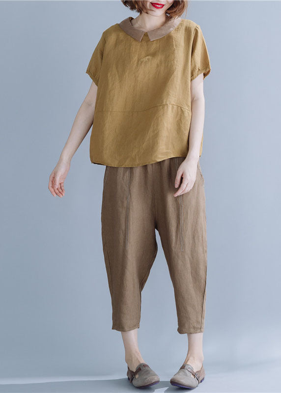 Khaki Peter Pan Collar Patchwork Linen Shirts Short Sleeve
