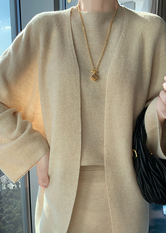 Natural Light Camel V Neck Woolen Cardigan Waistcoat and Wide Leg Pants Three Piece Set Fall
