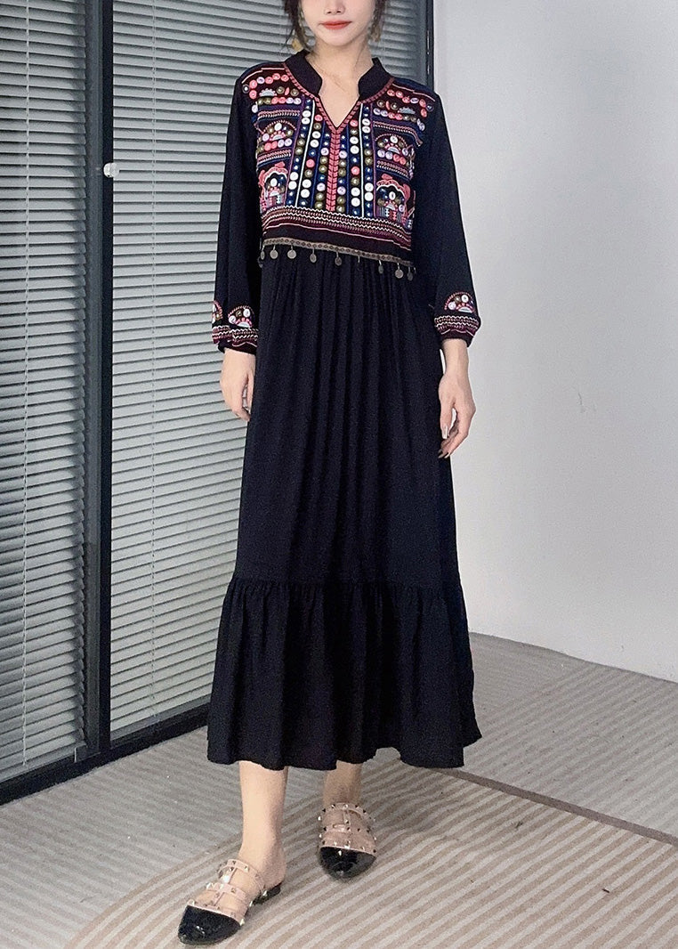 Black Tasseled Cotton Long Dress Embroidered Long Sleeve