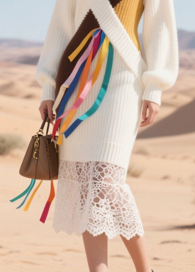 White Turtle Neck Patchwork Hollow Out Knitted Dress Winter