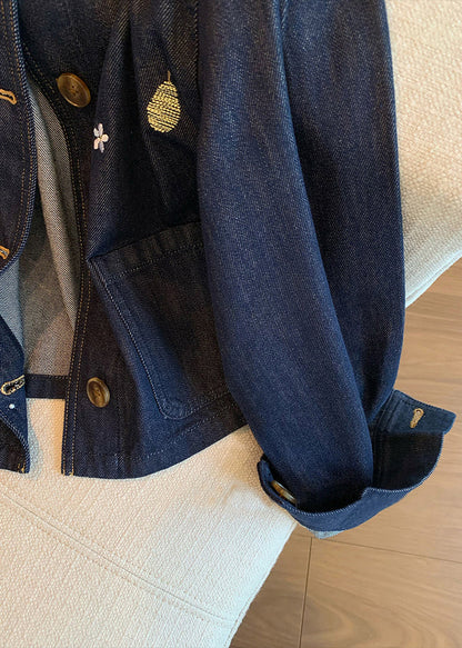 Navy Peter Pan Collar Embroidered Denim Coat Fall