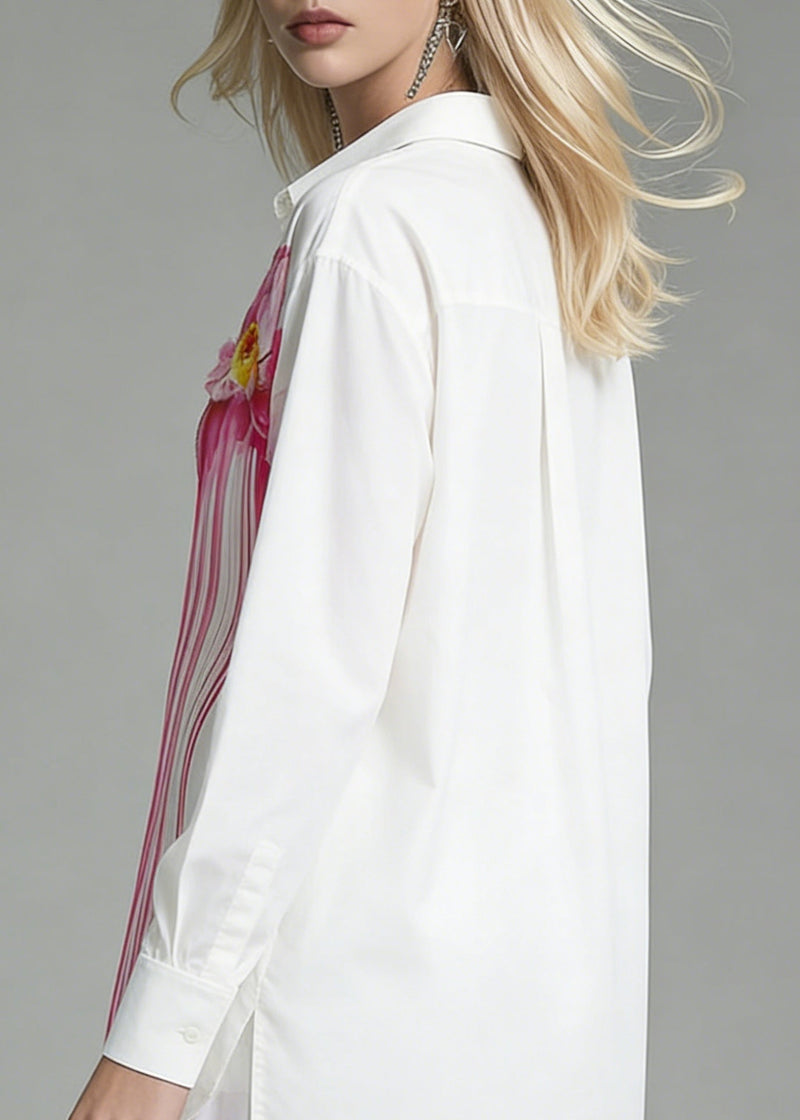 Art White Print Side Open Cotton Blouse Spring