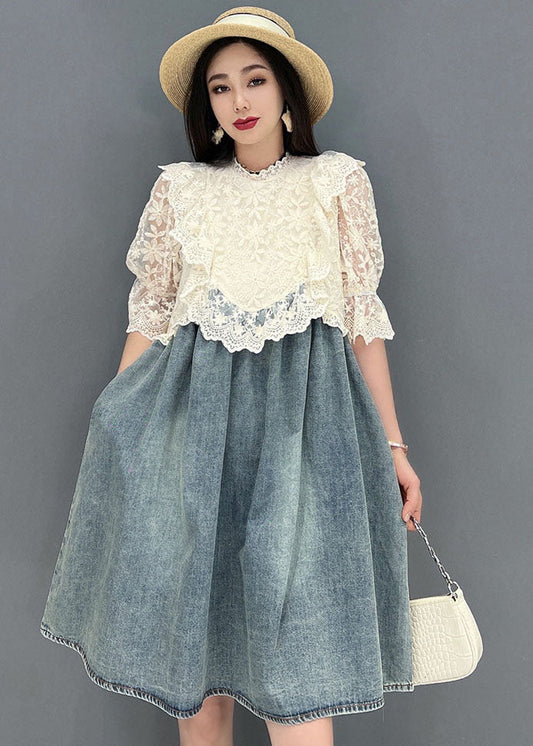 French Blue Stand Collar Hollow Out Lace Patchwork Cotton Denim Mid Dresses Short Sleeve Summer