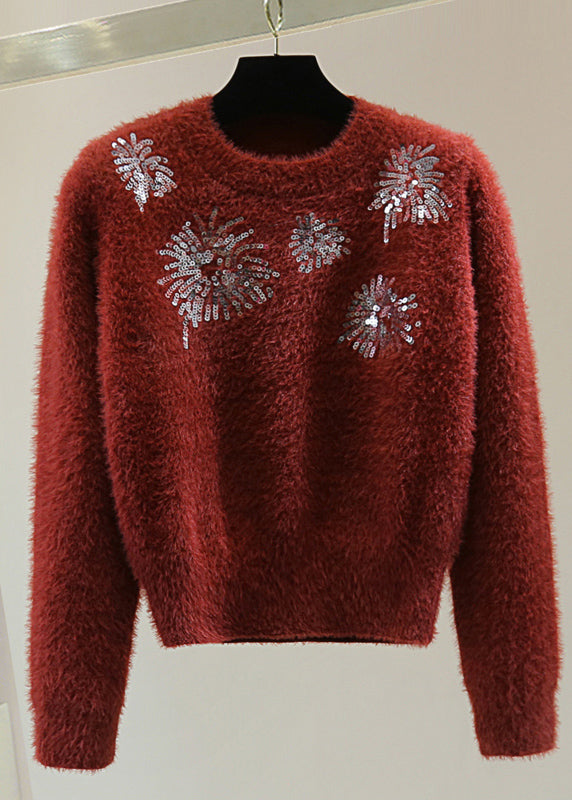 Natural White O-neck Sequins Thick Cotton Knit Sweater Winter