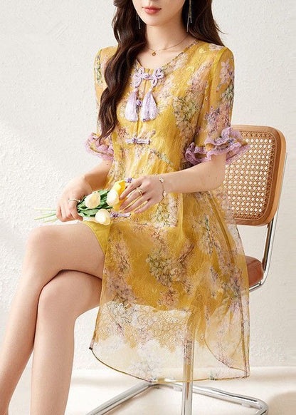Yellow Print Chinese Button Tassel Silk Mid Dresses Summer