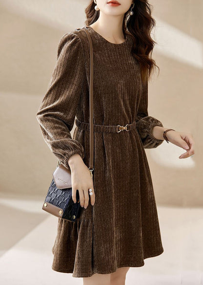 Coffee O Neck Sashes Patchwork Silk Velour Mid Dress Spring