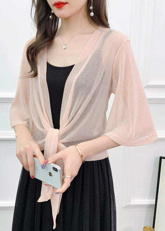 Pink Bright Silk Lace Up Tulle Cardigan Summer