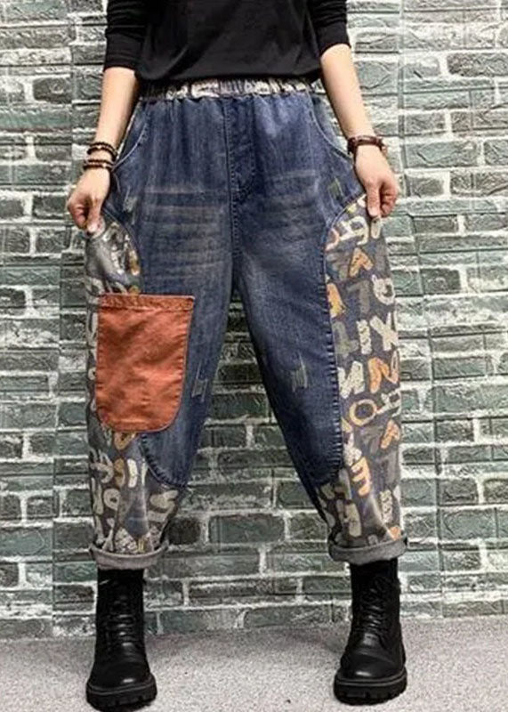 Blue Pockets Patchwork Print Denim Harem Pants Spring