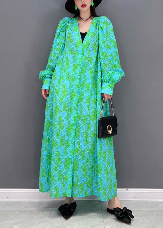 Green V Neck Print Button Shirt Dress Long Sleeve